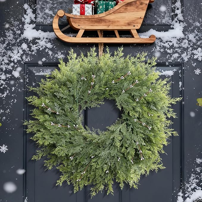 26'' Lush Christmas Cedar Wreath for Front Door, Porch, Window- Artificial Cedar Leaves Greenery Outdoor Christmas Wreath for Home, Farmhouse Wall Decor- Spring, Summer, Fall, Christmas Decor