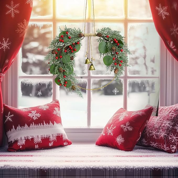 Christmas Wreath for Front Door Artificial Half Circle Wreaths with Bell Pine Cones Red Berries Eucalyptus Leaves Outdoor Wreath for Farmhouse Front Porch Window Christmas Decorations