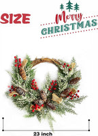 Artificial Christmas Door Wreath, Christmas Wreaths for Front Door, Window Wreaths with Pine Cone, Red Berries, Burlap Ribbon & Snowflake, Holiday Indoor/Outdoor Wreath Decorations, 23 inch