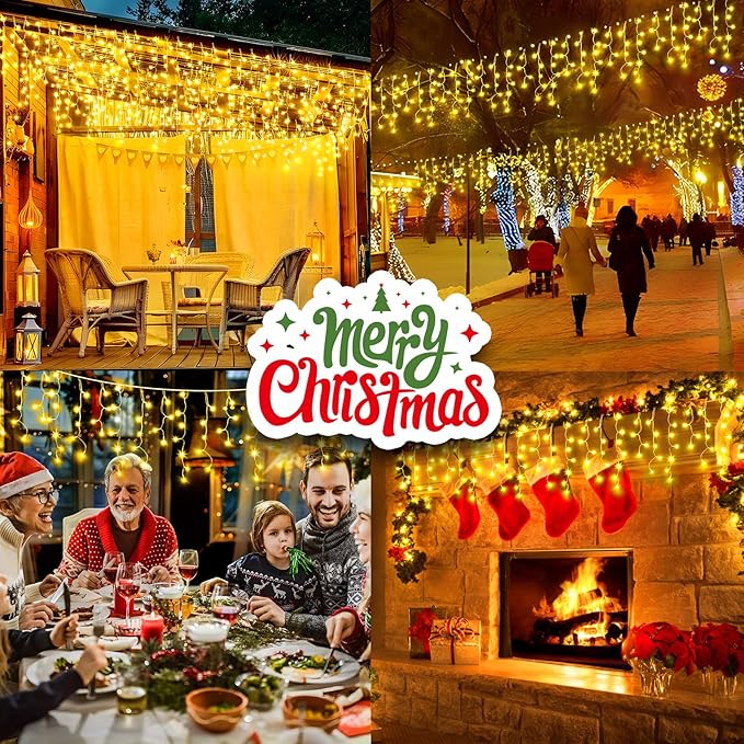 50FT 480 LED Christmas Lights Outdoor Decorations with 90 Drops Timer 8Mode Curtain String Lights Waterproof Plug in Fairy Lights for Indoor,Xmas,Party,Patio,Window,Fence,Trees Decor(Warm White)