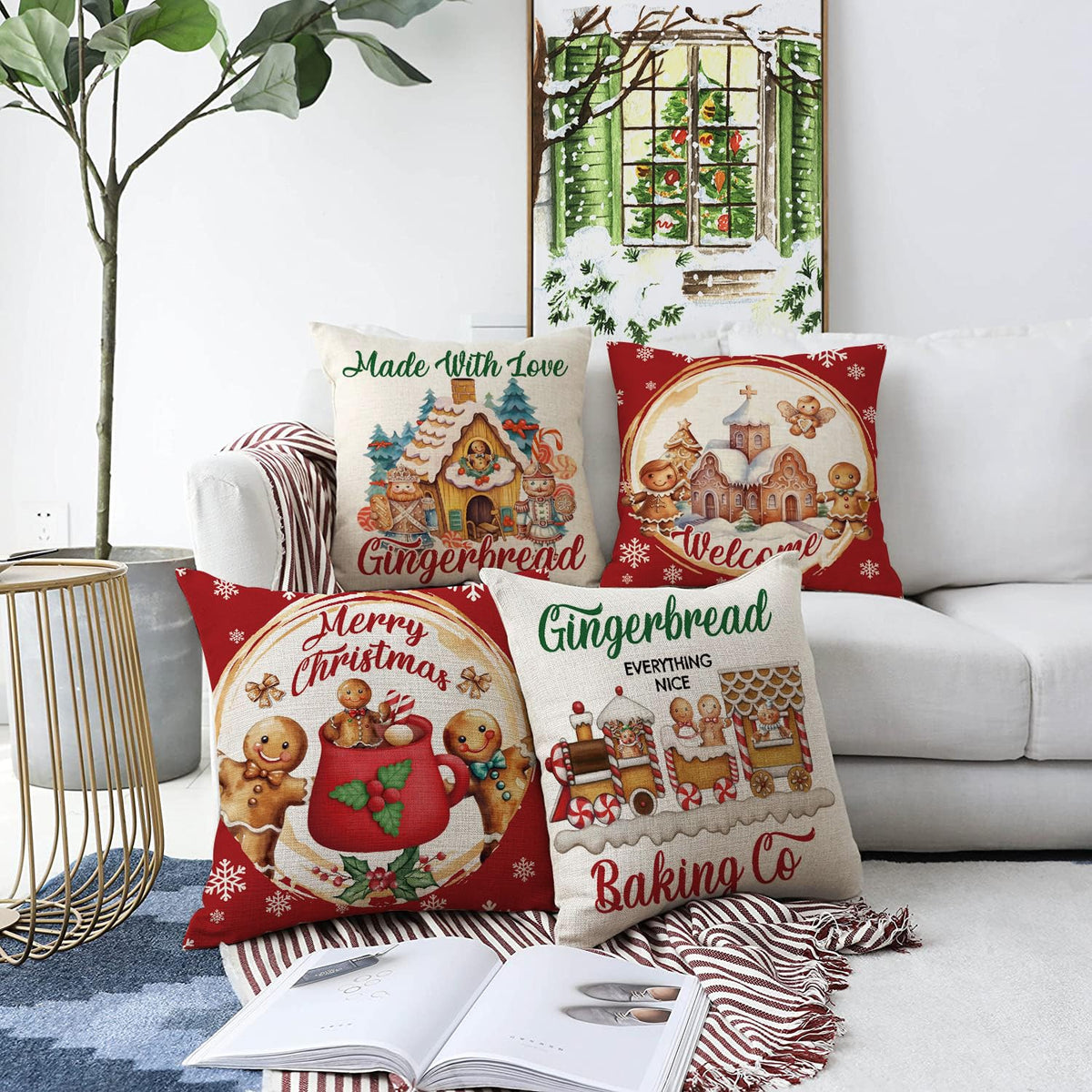 GAGEC Christmas Pillow Covers 16x16 Inch Vintage Gingerbread Red Throw Pillow Covers Christmas Xmas Winter Pillowcase Home Decor Living Room House Decorative Cushion Case for Sofa Couch