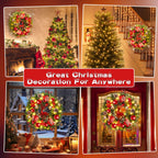 Quntis Lighted Christmas Wreath Front Door - 16'' Reindeer Winter Wreath with 8 Modes Timer, Red Gold Balls, Snowflakes, Pine Cones, Berries for Indoor Outdoor Holiday Windows Fireplace Mantel Porch