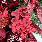 YULETIME 24" Christmas Wreath, Artificial Holiday Wreath with Baubles, Berries, Leaves, Spruce Branches, Snowy Pine Needles (Red Hydrangea)