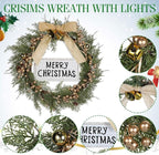 Lighted Christmas Artificial Cedar Wreath for Front Door with Hanger Christmas Wreaths Faux Norfolk with Velvet Bow LED Lights Jingle Bells Pinecone Berries Indoor Window Xmas Holiday Decor(Gold)