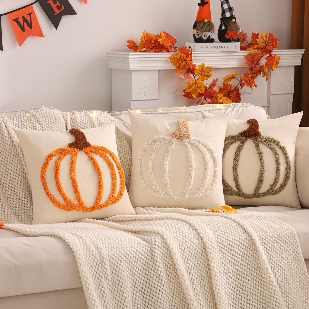 LUOYEHK Halloween Pillow Covers 18x18 Set of 2 White Pumpkin Embroidered Throw Pillow Covers Farmhouse Thanksgiving Home Decor Cushion Covers for Couch Sofa Bed