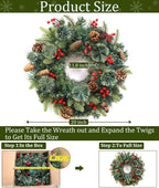 Christmas Wreaths for Front Door, Prelit Christmas Wreath with 30 Warm White & Colorful Lights 8 Modes Timer Pinecones Berried Norfolk Pine Wreath 20 Inch Xmas Wreath Decorations for Door Wall Windows