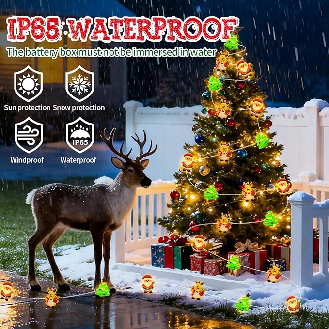pozzolanas Christmas Fairy Lights, LED Christmas Tree Santa Claus Snowman Moose Lights Decoration, Waterproof Battery Powered Indoor Outdoor Decoration String Lights - 1Pack