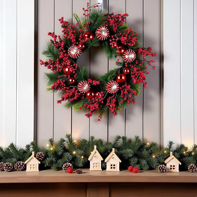 YULETIME 24" Mixed Berries Christmas Wreath - Artificial Holiday Wreath with Red & Purple Frosted Berries, Green Cypress Branches & Pine Needles