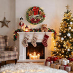 FR Artificial Pre-Lit Fir Christmas Wreath Holiday Accent Decoration, Wintry Pine, Decorated with Pine Cones Berry Clusters Frosted Branches, with LED Lights for Door, Mantel 16 Inch