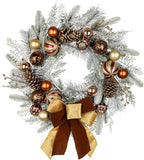 24" Christmas Wreath for Front Door Artificial Unlit Winter Wreath with Pine Cones, Berry Clusters, Bronze Ball Ornaments and Ribbon for Thanksgiving Holiday Christmas Decoration
