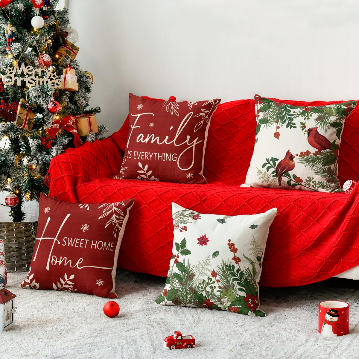 AVOIN colorlife Christmas Cardinal Home Sweet Home Poinsettia Holly Berries Throw Pillow Covers, 18 x 18 Inch Family is Everything Winter Holiday Cushion Case Decoration for Sofa Couch Set of 4
