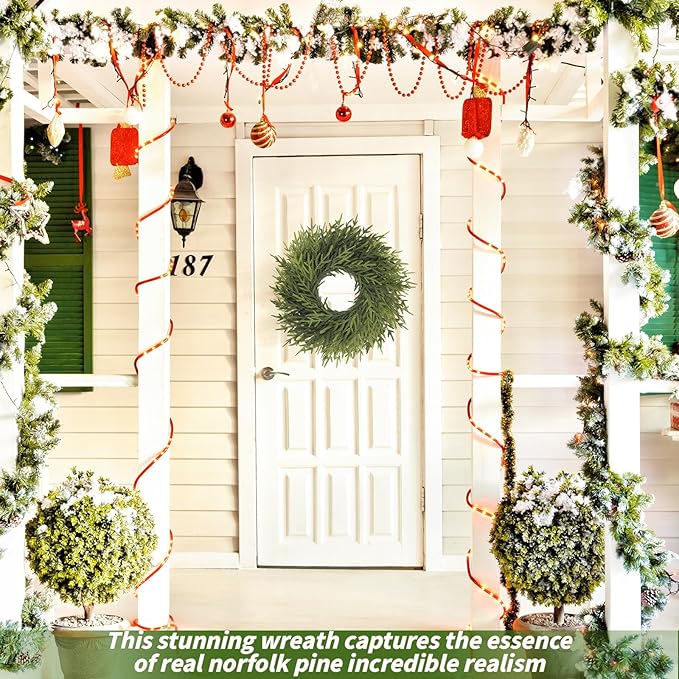 24 inch Norfolk Pine Wreath, Realistic Christmas Wreath for Front Door,Artificial Real Touch Green Wreath Greenery for Door Wall Windows Mantle Outdoor Christmas Decoration
