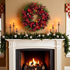 YULETIME 24" Christmas Wreath, Artificial Holiday Wreath with Baubles, Berries, Leaves, Spruce Branches, Snowy Pine Needles (Red Hydrangea)
