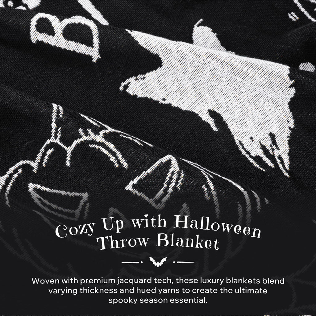 Phantoscope Happy Halloween Blanket, Soft Jacquard Knitted Throw Blanket with Tassel, Warm Cozy Blanket with Skeleton Bat Ghost for Couch Living Room Bedroom, Black, 50 x 60 inches