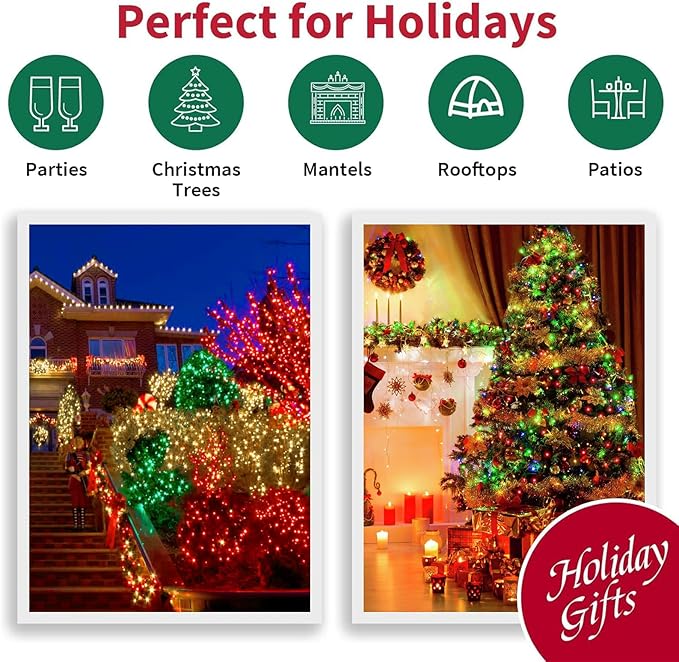 LAMPHOME 66ft Christmas Decorative Mini Lights, 200 LED Transparent Wire Fairy Starry String Lights Plug in, 16 Lighting Modes for Outdoor Xmas Tree Wedding Party Decoration (Red Green Warm)