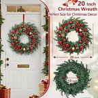 Christmas Wreath with Lights, 20 Inch Christmas Wreaths for Front Door, Large Winter Door Wreath with Ball Ornaments, Berries and Norfolk Pines, Xmas Decor for Indoor Outdoor Wall Windows