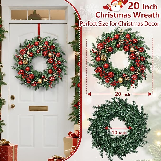 Christmas Wreath with Lights, 20 Inch Christmas Wreaths for Front Door, Large Winter Door Wreath with Ball Ornaments, Berries and Norfolk Pines, Xmas Decor for Indoor Outdoor Wall Windows