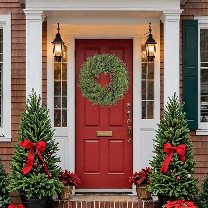 Real Touch Pine Christmas Wreath 24 Inch Christmas Wreaths for Front Door Winter Wreath Artificial Green Wreaths Outdoor Christmas Decorations Indoor Outside Window Home Holiday Thanksgiving