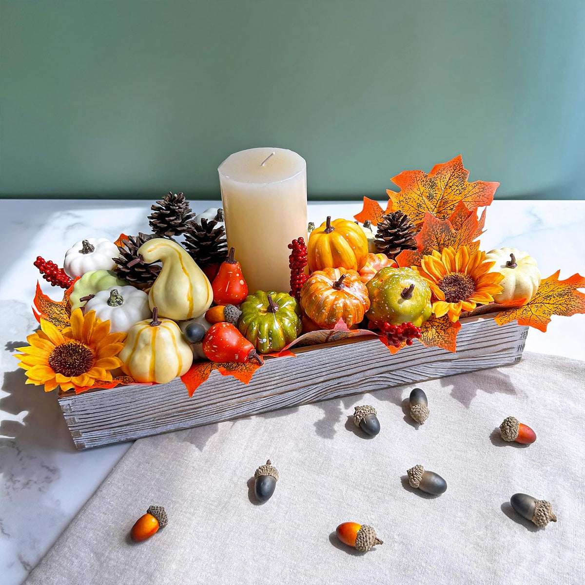 Winlyn 60 Pcs Assorted Small Artificial Pumpkins and Gourds with Acorns Pinecones Maple Leaves Sunflowers Fall Harvest Decoration Set for Thanksgiving Halloween Bowl Filler Table Centerpiece Wreaths