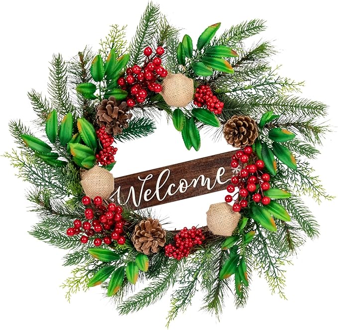 Christmas Wreaths for Front Door Outside Decor, 20" Red Berries Linen Ball Pine Boughs Winter Artificial Wreath Decorations with Hanging Sign for Xmas Holiday Home Door Wall Window Fireplace Indoor