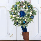 WANNA-CUL Pre-Lit 30 Inch Large Christmas Wreath for Front Door with 50 Led Lights, Silver Blue Lighted Christmas Door Wreath Decor with Ball Ornaments,Pine Cones, Battery Operated