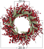 20 Inches Red Christmas Wreath Farmhouse Christmas Wreaths for Front Door Classic Winter Holiday Wreath with Red Berry Fir Pine Needle for Doors Window Indoors Porches Outside