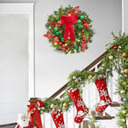 Christmas Wreath for Front Door, 22 Inch Large Outdoor Christmas Wreath, Lighted Xmas Wreath with Red Green Ball Ornaments Velvet Bow and 30 LED Lights for Fireplace Window Holiday Decor