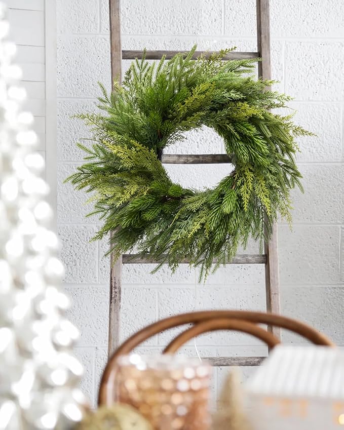 Somikis 24 Inch Christmas Wreaths for Front Door, Real Touch Norfolk Pine & Cedar Wreath for Winter Indoor & Outdoor Porch Windows Wall, Realistic Artificial Wreath Home Decor