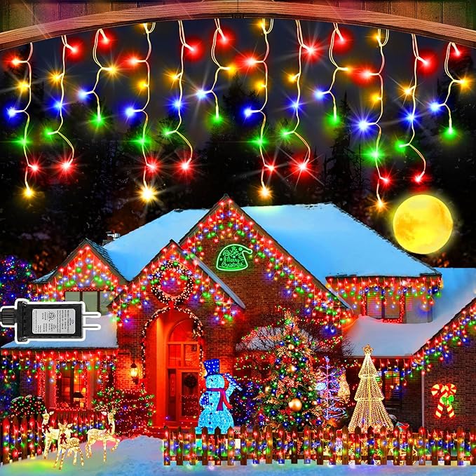 SAUIRS 100FT 960 LED Christmas Lights Outdoor Decorations with 180 Drops Timer 8Mode Curtaing String Lights Waterproof Plug in Fairy Lights for Indoor,Xmas,Party,Patio,Window,Trees Decor(Multicolor)