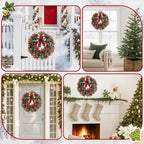 Christmas Wreaths for Front Door Outside Decor, 20" Red Berries Ornaments Balls Pine Branches Winter Artificial Wreath Decorations with Plaid Bow for Xmas Holiday Home Wall Fireplace Indoor Porch