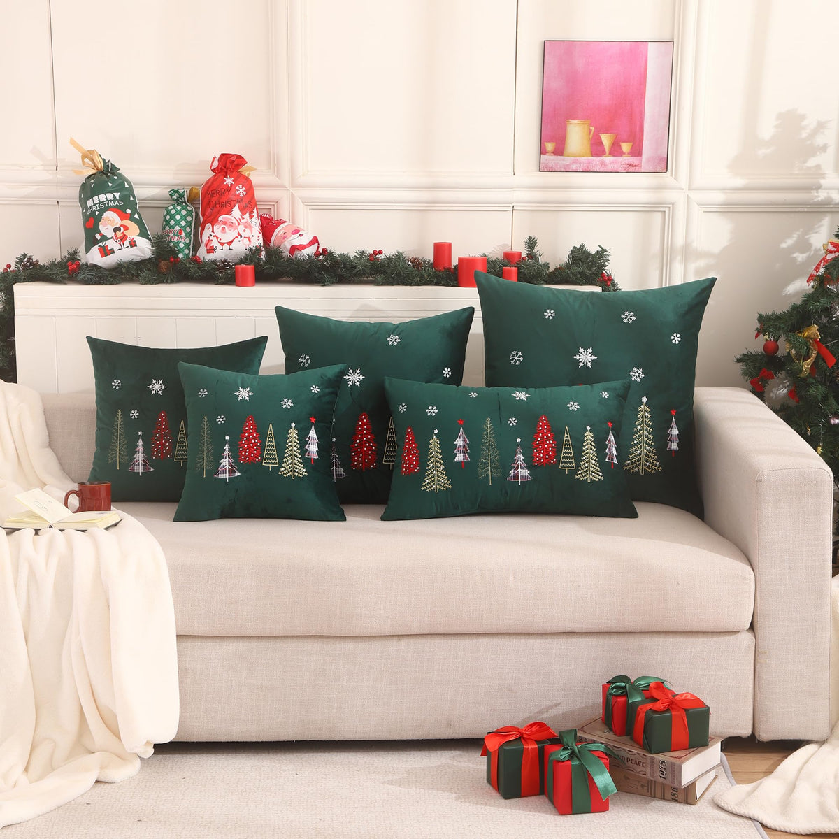 Tosleo Christmas Pillow Covers 18x18 Set of 2 Xmas Trees with Snowflake Embroidery Throw Pillow Covers Christmas Dec Velvet Pillowcases Forest Green Cushion Pillow Cases Soft Square Holiday Pillowcase