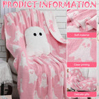Hillsuren Halloween Throw Blankets and Pillow Set Include Ghost Spooky Pink and White Double Sided Flannel Blanket 50 x 60 Inch and Plush Throw Pillows Cushion for Couch Sofa Bed Home Decorations