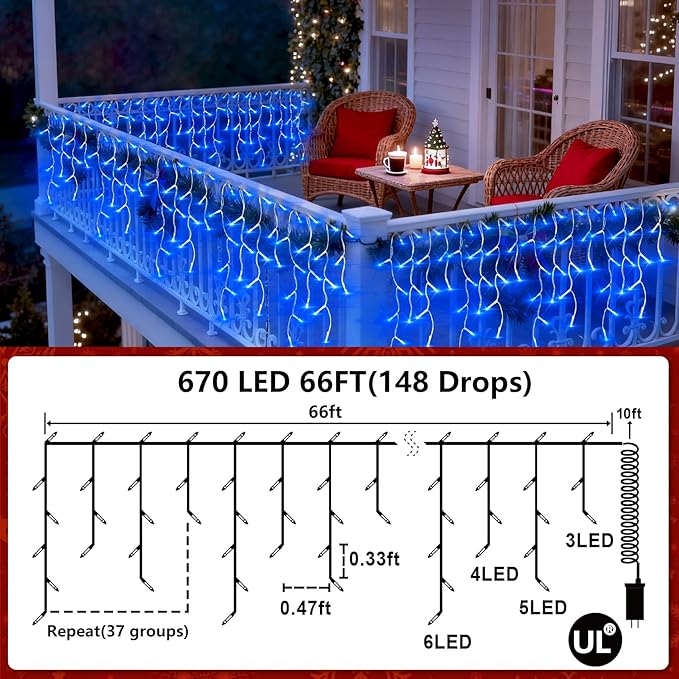 670 LED Christmas Lights Outdoor, 66ft Blue String Lights Indoor with 148 Drops 12 Modes, Dimmable Curtain Window Lights, Waterproof Twinkle Fairy Lights with Timer for Bedroom Christmas Decorations