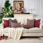 Green Tartan Plaid Christmas Decorative Throw Pillow Covers 18x18 Set of 2, Green Farmhouse Christmas Decor Buffalo Plaid Pillows for Couch & Living Room, Traditional Country Xmas Decorations