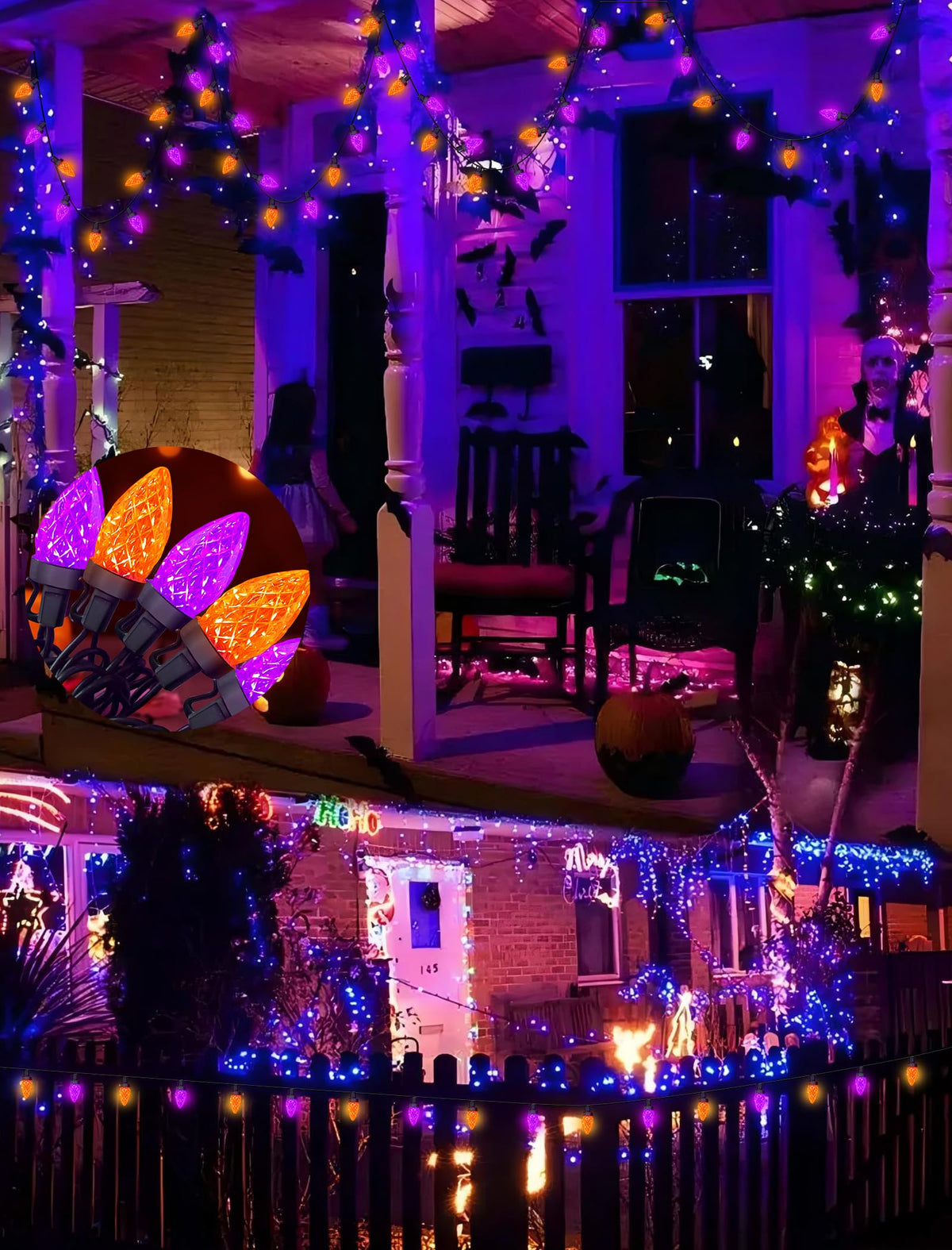 26FT Halloween String Lights Outdoor, 50 C7 LED Orange and Purple String Lights Waterproof, Plug-in Halloween Patio Decorative Lights for Indoor Roofline Backary Porch House Holiday Party Decor