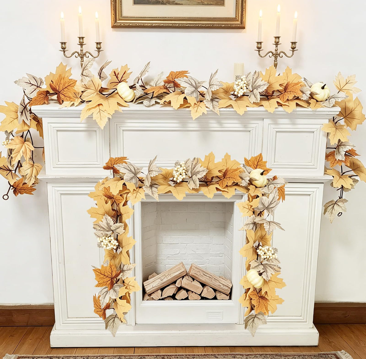 2 Pack Fall Garland Maple Leaf with Lights Fall Decor, 6Ft/Piece Fake Leaves Pumpkin Berry Vine Autumn Foliage Garland for Mantle Fireplace Halloween Thanksgiving Decorations Christmas Home Decor