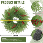 26 Inch Pine Wreath - Christmas Wreaths for Front Door - Real Touch Pine Wreath - Large Artificial Green Wreaths for Walls Windows Porches Farmhouse Indoor Outdoor Home Decor with Red Berries