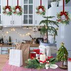 6 Pcs 9'' Mini Christmas Hanging Wreaths Artificial Norfolk Pine Red Berries and Lambs Ear Leaves Small Candle Ring Wreaths for Kitchen Cabinet Farmhouse Front Door Window Xmas (Excluding Ribbons)