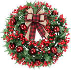 Christmas Wreaths for Front Door Outside Decor, 20" Red Berries Ornaments Balls Pine Branches Winter Artificial Wreath Decorations with Plaid Bow for Xmas Holiday Home Wall Fireplace Indoor Porch