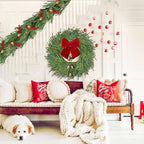 22 inch Norfolk Pine Wreath with Bow and Bell,Christmas Wreaths for Front Door,Artificial Real Touch Wreath for Door Wall Windows Mantle Outdoor Christmas Decoration