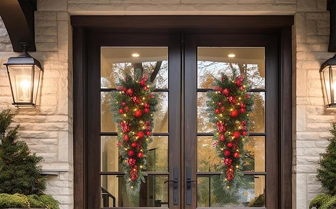 3.5 Feet Pre-lit Christmas Ornament Artificial Pine Teardrop w 23 Red Balls Real Grapevine Base (30 LED Lights, 8 Flash Options) for Xmas Decor at Shop Home Table Cabinet Door Wall Window (Battery)