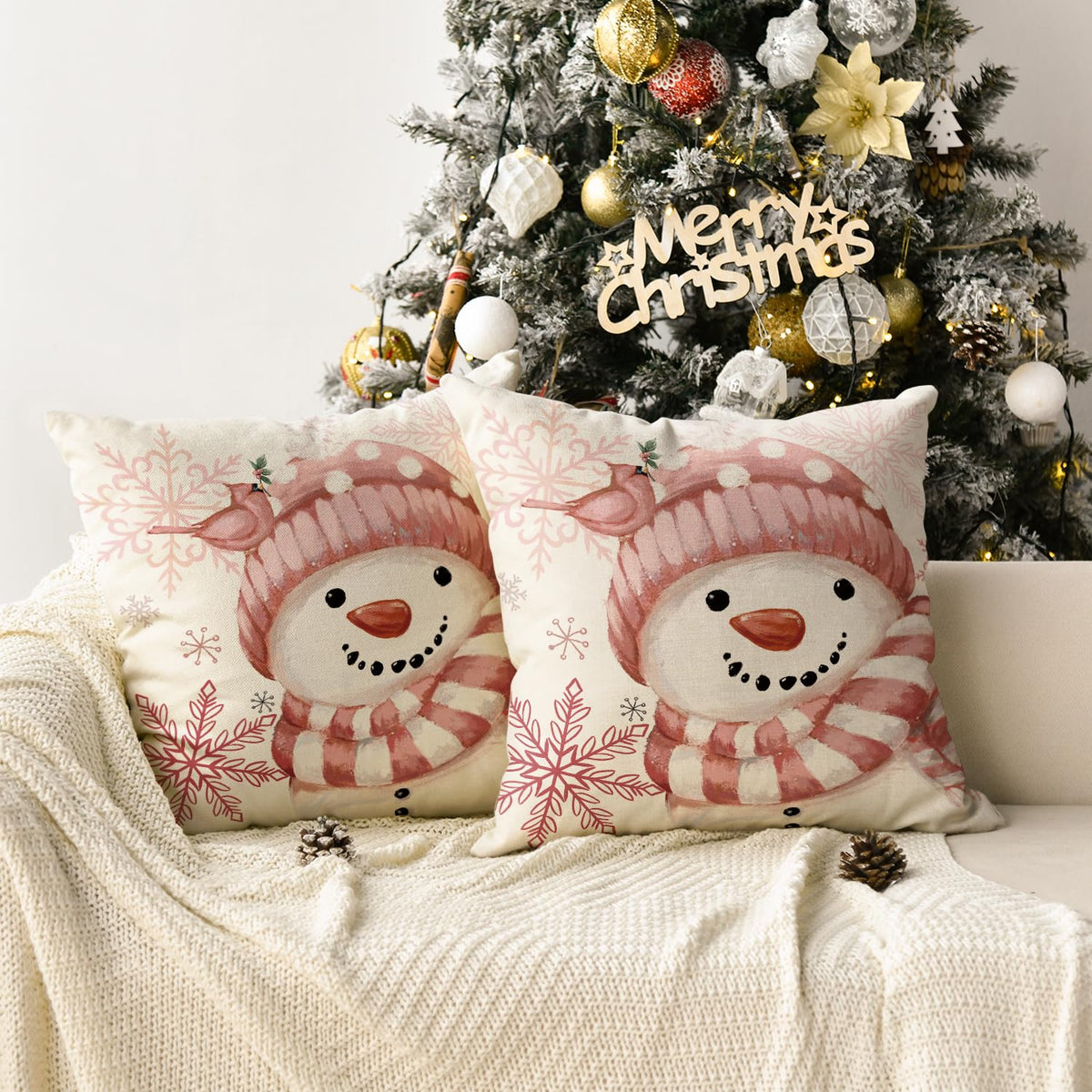 AVOIN colorlife Winter Snowman Snowflake Bird Throw Pillow Covers Set of 2, 18 x 18 Inch Pink Seasonal Christmas Holiday Cushion Case Decoration for Sofa Couch