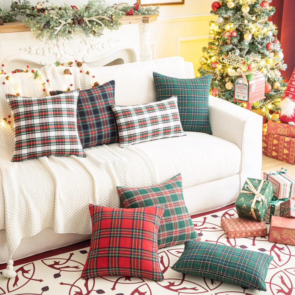 AQOTHES Pack of 2 Christmas Plaid Decorative Throw Pillow Covers Scottish Tartan Cushion Case for Farmhouse Home Holiday Decor Red and White, 18 x 18 Inches