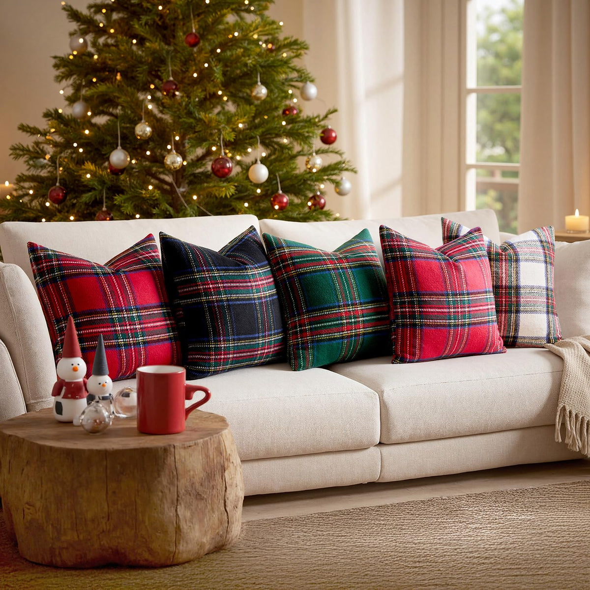 MIULEE Christmas Plaid Decorative Throw Pillow Covers Set of 2 Scottish Tartan Vintage Farmhouse Winter Cuhion Case Pillow Covers for Couch livingroom Sofa Bed Porch Home Decor 18x18inch White