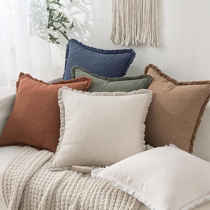 MIULEE Christmas Decorative Throw Pillow Covers Neutral Linen Fringe Throw Pillows Set of 2 Indigo Blue Boho Farmhouse Cushion Covers Coastal Decor for Couch Sofa Bed Living Room Decor 12x20 Inch