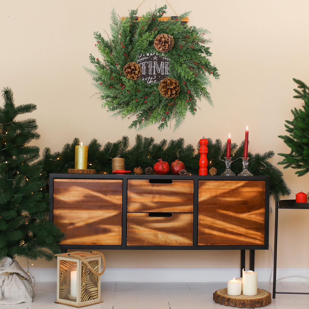 22’’ Real Touch Norfolk Pine Wreath Artificial Christmas Green Cedar Wreath for Front Door with Pinecones Christmas Decorations for Winter Farmhouse Wall Indoor Outdoor Home Holiday Xmas Decor