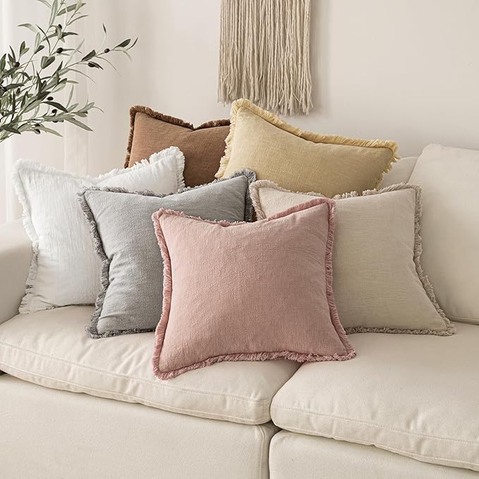 MIULEE Christmas Decorative Throw Pillow Covers Neutral Linen Fringe Throw Pillows Set of 2 White Boho Farmhouse Cushion Covers with Tassels for Couch Sofa Bed Living Room Home Decor 20x20 Inch