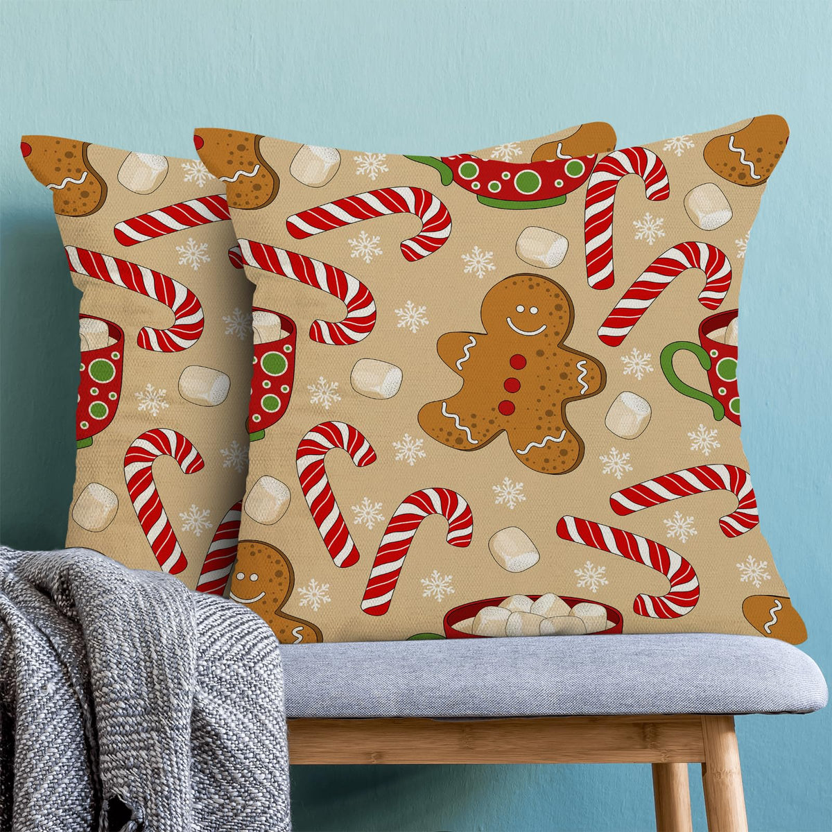 AEIOAE Christmas Pillow Covers 18x18 Inch Set of 2 Gingerbread Man Candy Cane Throw Pillowscase,Snowflake Xmas Holiday Outdoor Decorative Farmhouse Winter Decor Cushion Covers for Home Sofa Bed