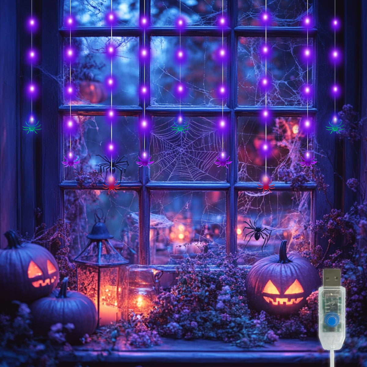 Halloween Spider Curtain String Lights, 7.2Ft Halloween Decorations Indoor Outdoor with 12 Multicolor Spiders and 60 Purple LED Bulbs Fairy Lights for Window Porch Garden Party Décor, USB Operated