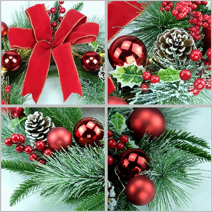YULETIME 20" Pre-Lit Christmas Wreath, Battery Operated with 10 Fairy Lights Holiday Wreath, Red Bowknot & Baubles, Pine Cones, Red Berries, Green Leaves Holly, Spruce Branches, Pine Needles
